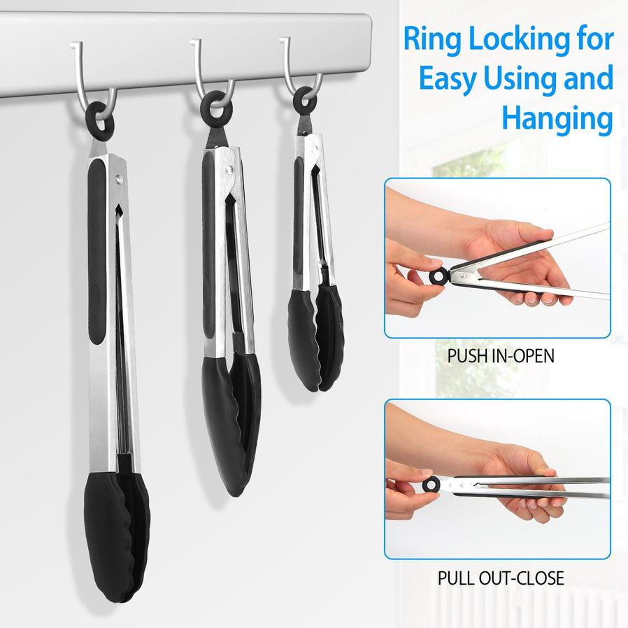 HKM-302803 Stainless Steel Kitchen Tongs Set with Silicone Tips – Locking Food Tongs for BBQ, Grilling, Salad, and Spaghetti