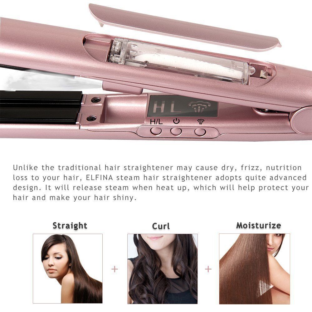 HKM-287379 Tourmaline Ceramic Steam Hair Straightener & Curling Iron, 21mm-30mm Diameter, Available in Champagne, Black, and White