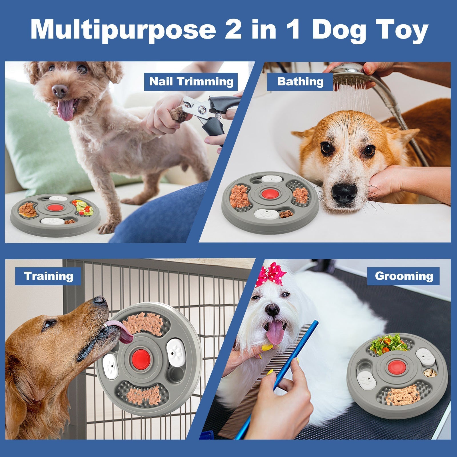 HKM-110611 Slow Feed Pet Bowl with Anti-Slip Base - 2-in-1 Treat Puzzle and Lick Mat for Dogs and Cats, Grey and Blue