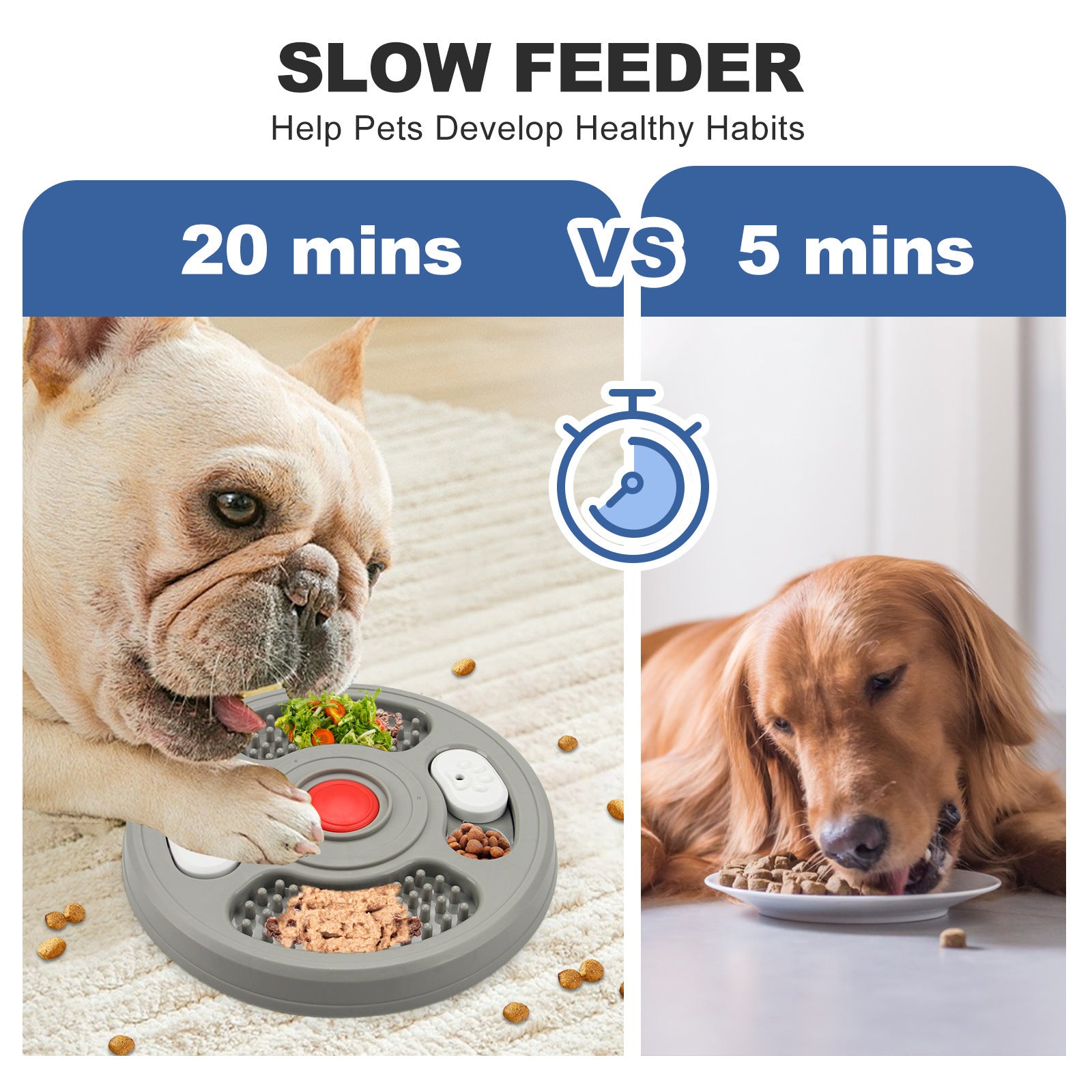 HKM-110611 Slow Feed Pet Bowl with Anti-Slip Base - 2-in-1 Treat Puzzle and Lick Mat for Dogs and Cats, Grey and Blue