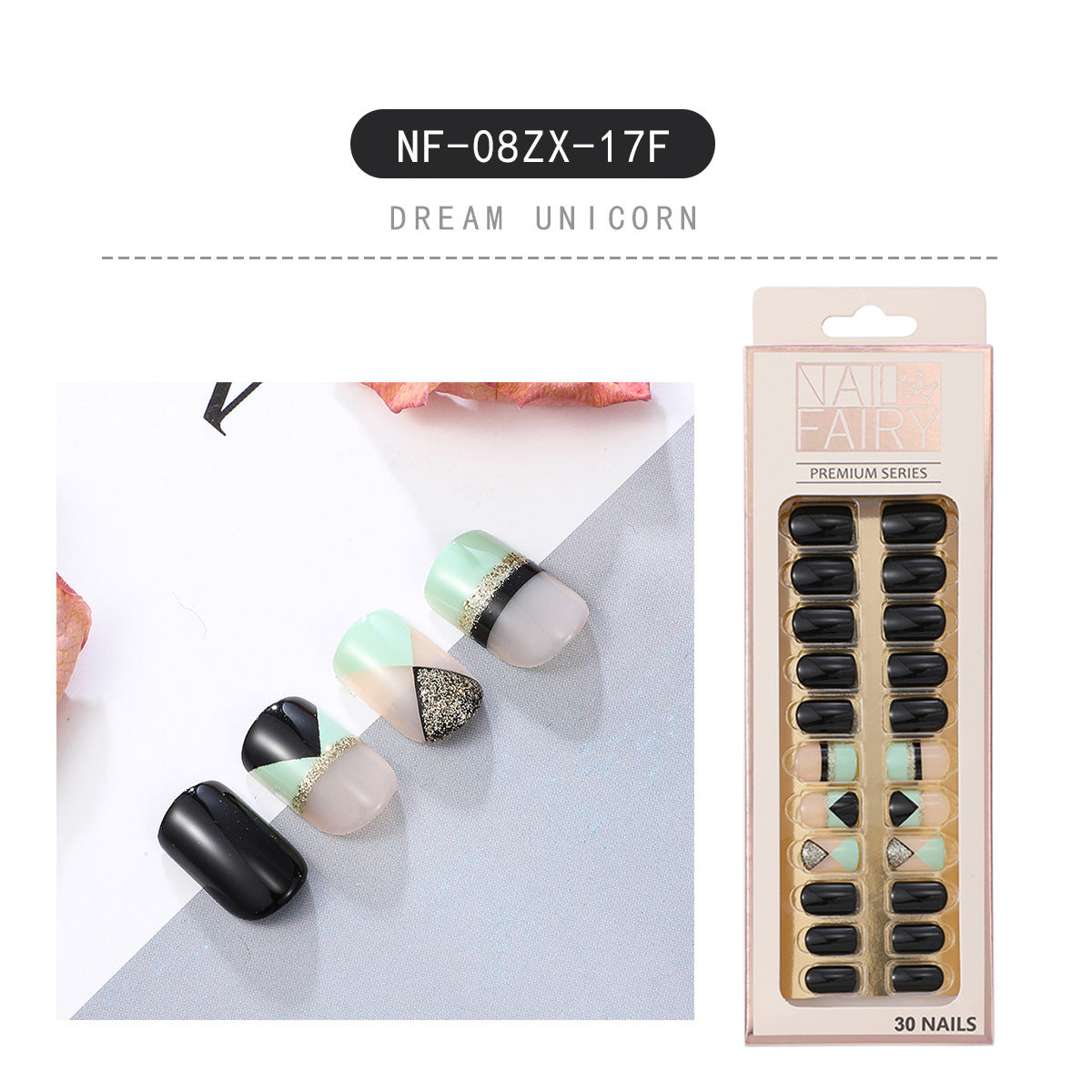 HKM-202643 Waterproof DIY Glitter Fake Nail Patch Set - 30 Pieces with Nail Sequins
