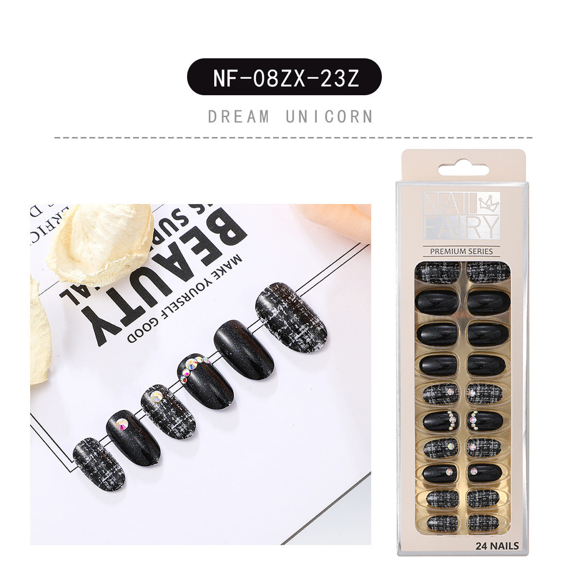 HKM-202643 Waterproof DIY Glitter Fake Nail Patch Set - 30 Pieces with Nail Sequins
