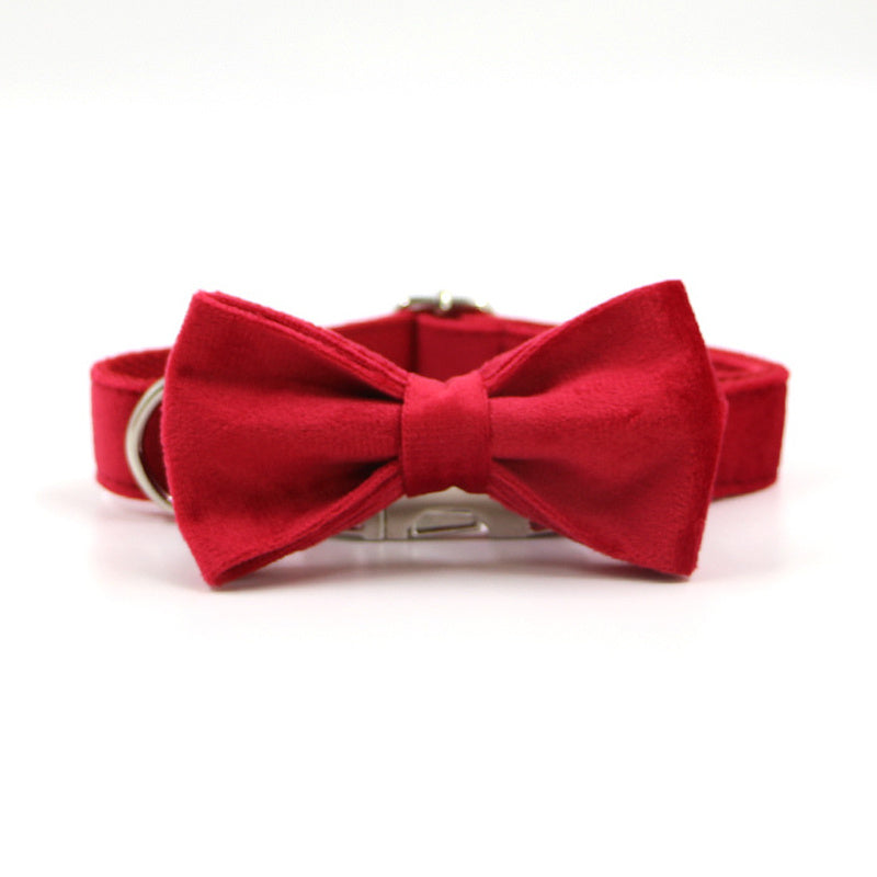 HKM-477523 Red Velvet Pet Collar and Leash Set with Gold Buckle and Bowknot for Christmas