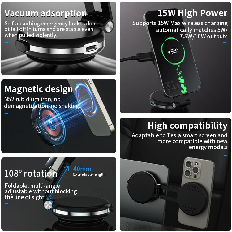 KTX-655059 Magnetic Wireless Charger and Foldable Suction Cup Phone Holder for Car Dashboard