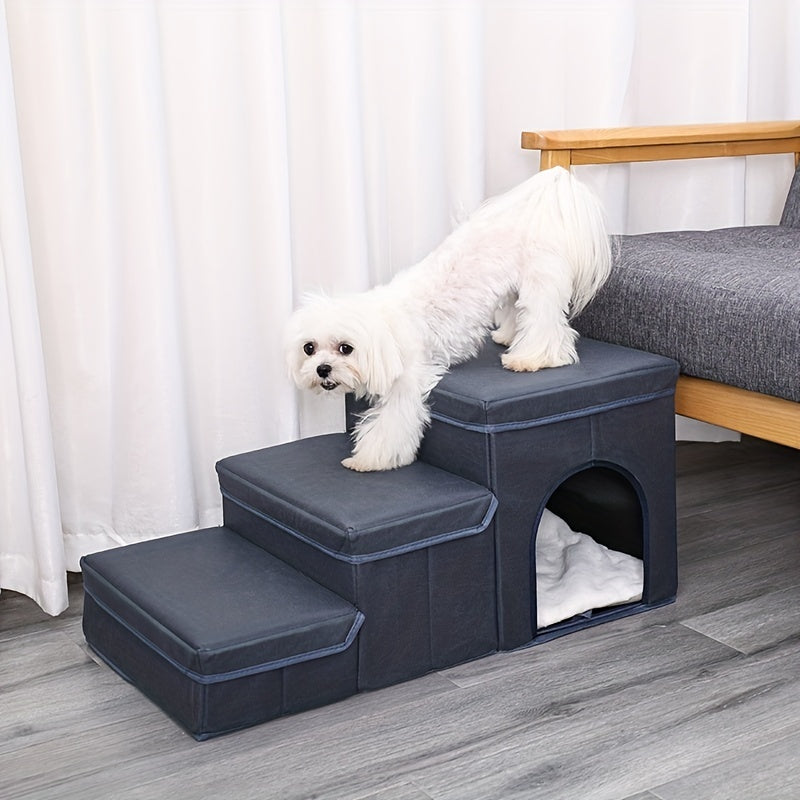 HKM-039635 Foldable 3-Level Dog Stairs with Storage for Small to Medium Breeds - Durable Oxford Fabric Pet Ramp for High Beds and Sofas