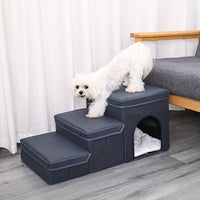 HKM-039635 Foldable 3-Level Dog Stairs with Storage for Small to Medium Breeds - Durable Oxford Fabric Pet Ramp for High Beds and Sofas
