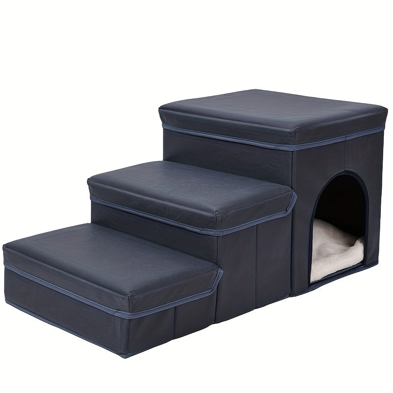 HKM-039635 Foldable 3-Level Dog Stairs with Storage for Small to Medium Breeds - Durable Oxford Fabric Pet Ramp for High Beds and Sofas