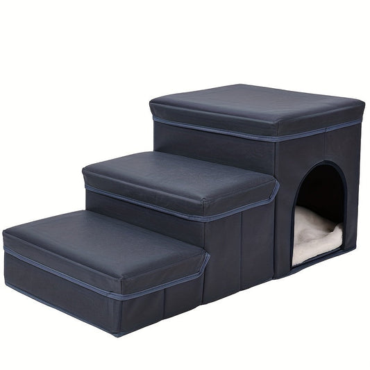 HKM-039635 Foldable 3-Level Dog Stairs with Storage for Small to Medium Breeds - Durable Oxford Fabric Pet Ramp for High Beds and Sofas