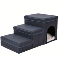HKM-039635 Foldable 3-Level Dog Stairs with Storage for Small to Medium Breeds - Durable Oxford Fabric Pet Ramp for High Beds and Sofas
