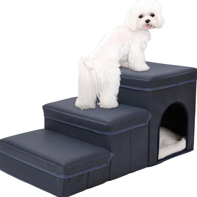 HKM-039635 Foldable 3-Level Dog Stairs with Storage for Small to Medium Breeds - Durable Oxford Fabric Pet Ramp for High Beds and Sofas