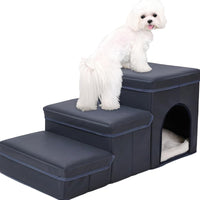 HKM-039635 Foldable 3-Level Dog Stairs with Storage for Small to Medium Breeds - Durable Oxford Fabric Pet Ramp for High Beds and Sofas