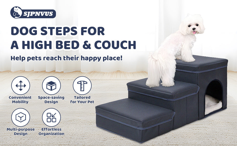 HKM-039635 Foldable 3-Level Dog Stairs with Storage for Small to Medium Breeds - Durable Oxford Fabric Pet Ramp for High Beds and Sofas