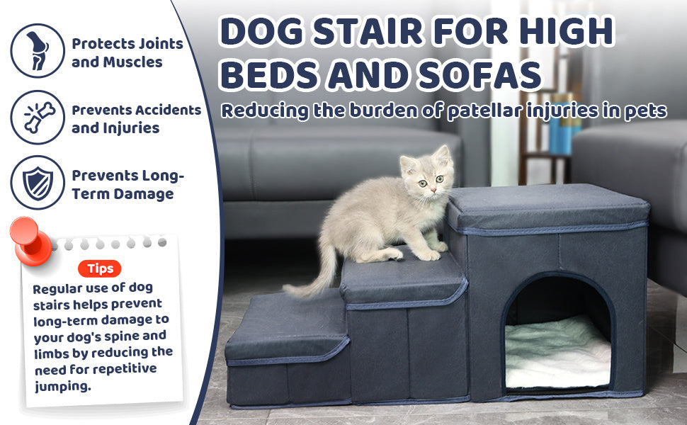 HKM-039635 Foldable 3-Level Dog Stairs with Storage for Small to Medium Breeds - Durable Oxford Fabric Pet Ramp for High Beds and Sofas