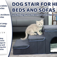 HKM-039635 Foldable 3-Level Dog Stairs with Storage for Small to Medium Breeds - Durable Oxford Fabric Pet Ramp for High Beds and Sofas