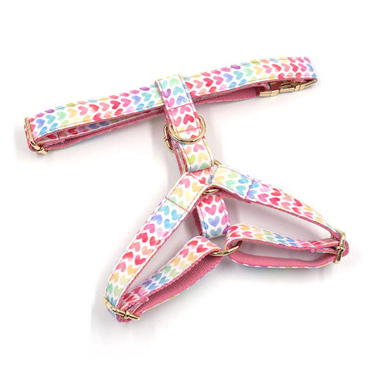 HKM-324051 Pink Colorful Heart-Shaped Dog Chest and Back Harness with Gold Buckle