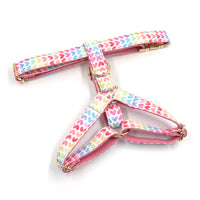 HKM-324051 Pink Colorful Heart-Shaped Dog Chest and Back Harness with Gold Buckle