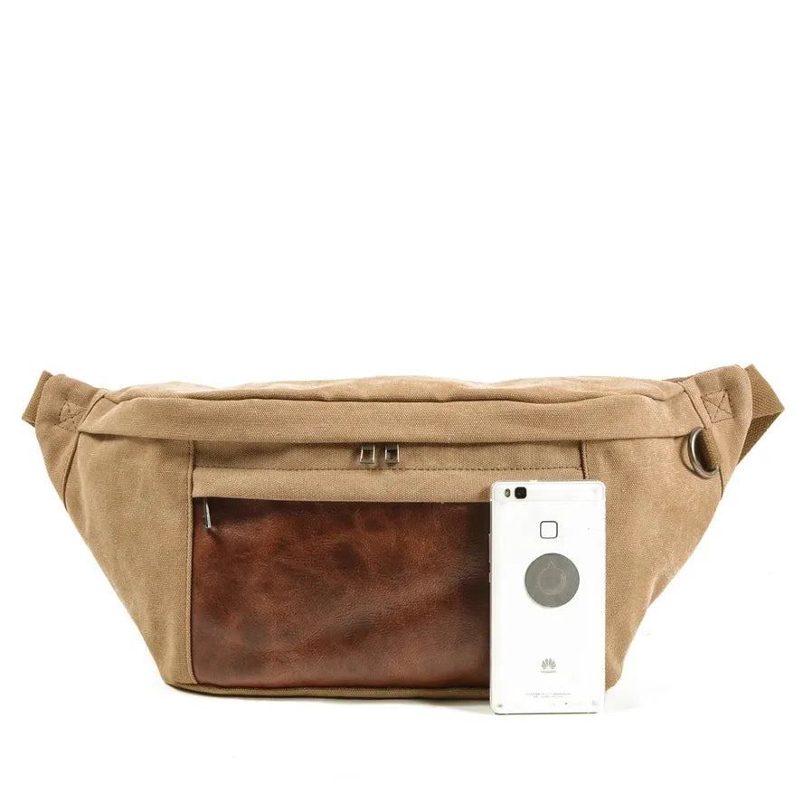 HKM-336403 Retro Canvas and Leather Belt Bag for Men - Large Capacity Outdoor Sports Chest Bag