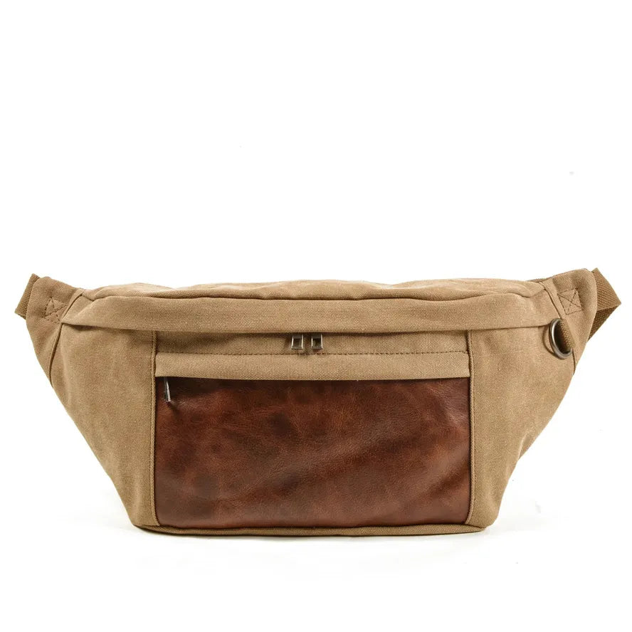 HKM-336403 Retro Canvas and Leather Belt Bag for Men - Large Capacity Outdoor Sports Chest Bag