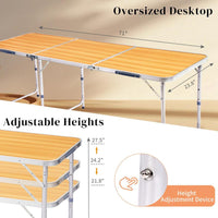 HKM-450835 6ft Folding Outdoor Table with Wood Grain Finish - Lightweight Aluminum Alloy Tri-fold Design, 50kg Capacity