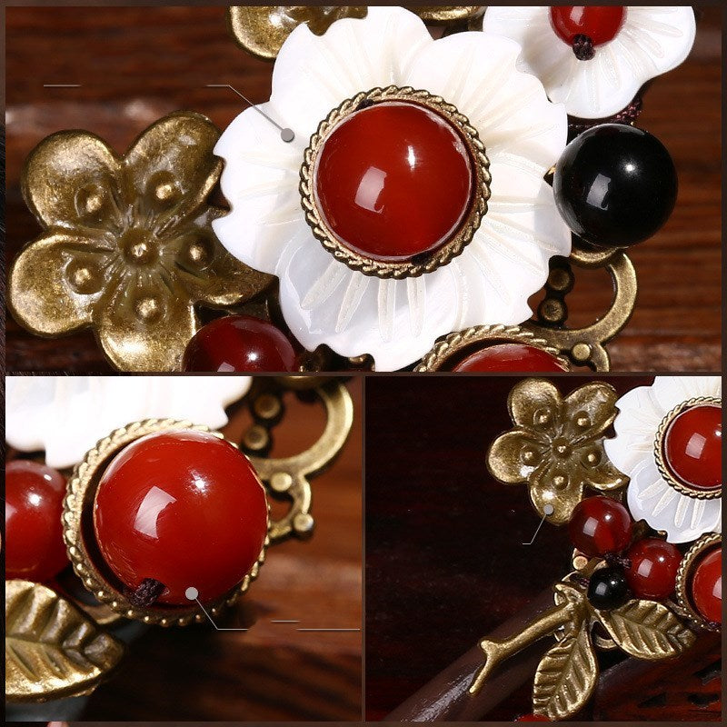 HKM-066067 Handmade Wooden Hairpin in Ethnic Style with Flower Design