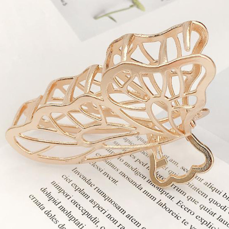 HKM-376787 Dongdaemun Minimalist Metal Clip Hair Claw - Gold-Plated Duck Clip with Flower and Shell Design