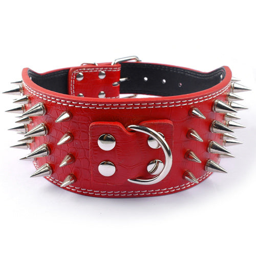 HKM-053523 Crocodile Pattern PU Leather Dog Collar with Adjustable Spikes, 7.5 cm Wide