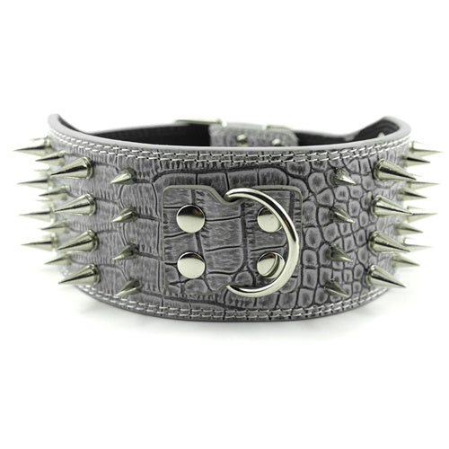 HKM-053523 Crocodile Pattern PU Leather Dog Collar with Adjustable Spikes, 7.5 cm Wide