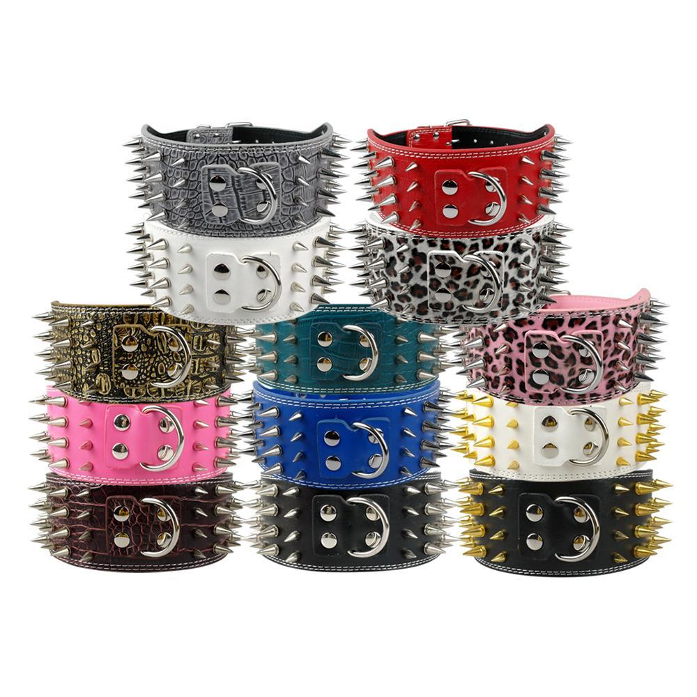 HKM-053523 Crocodile Pattern PU Leather Dog Collar with Adjustable Spikes, 7.5 cm Wide