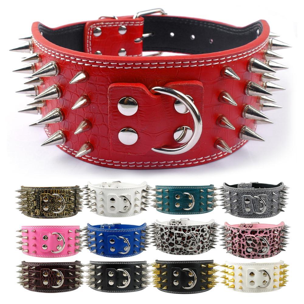 HKM-053523 Crocodile Pattern PU Leather Dog Collar with Adjustable Spikes, 7.5 cm Wide