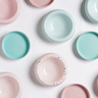HKM-029267 Mochi Ceramic Short-leg Cat Bowl in Light Green or Pink - Medium Size