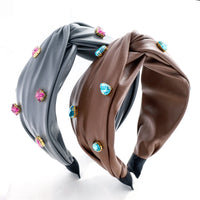 HKM-603859 Elegant Green Leather Cross Knot Headband with Big Stone - Women's Hair Accessory
