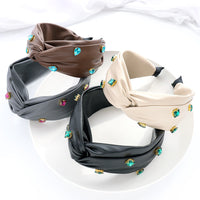 HKM-603859 Elegant Green Leather Cross Knot Headband with Big Stone - Women's Hair Accessory