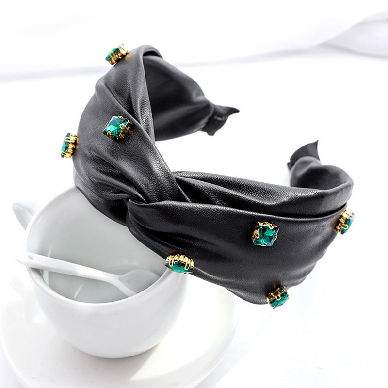 HKM-603859 Elegant Green Leather Cross Knot Headband with Big Stone - Women's Hair Accessory