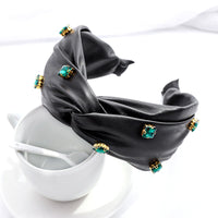 HKM-603859 Elegant Green Leather Cross Knot Headband with Big Stone - Women's Hair Accessory