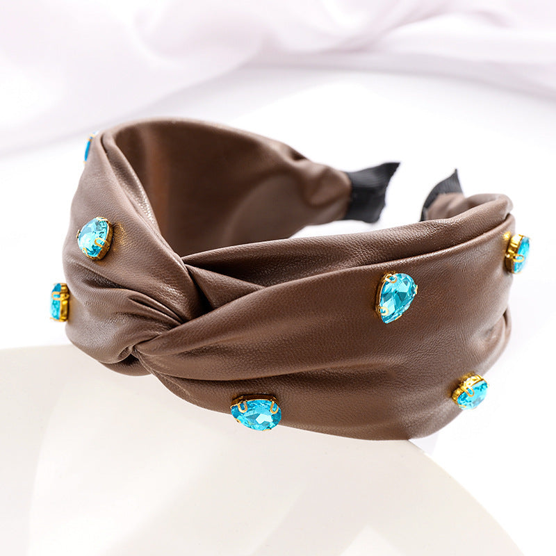 HKM-603859 Elegant Green Leather Cross Knot Headband with Big Stone - Women's Hair Accessory