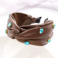 HKM-603859 Elegant Green Leather Cross Knot Headband with Big Stone - Women's Hair Accessory