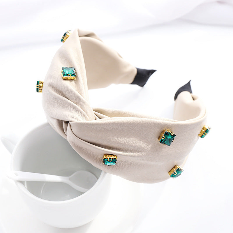 HKM-603859 Elegant Green Leather Cross Knot Headband with Big Stone - Women's Hair Accessory