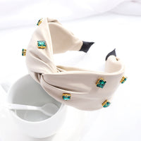 HKM-603859 Elegant Green Leather Cross Knot Headband with Big Stone - Women's Hair Accessory