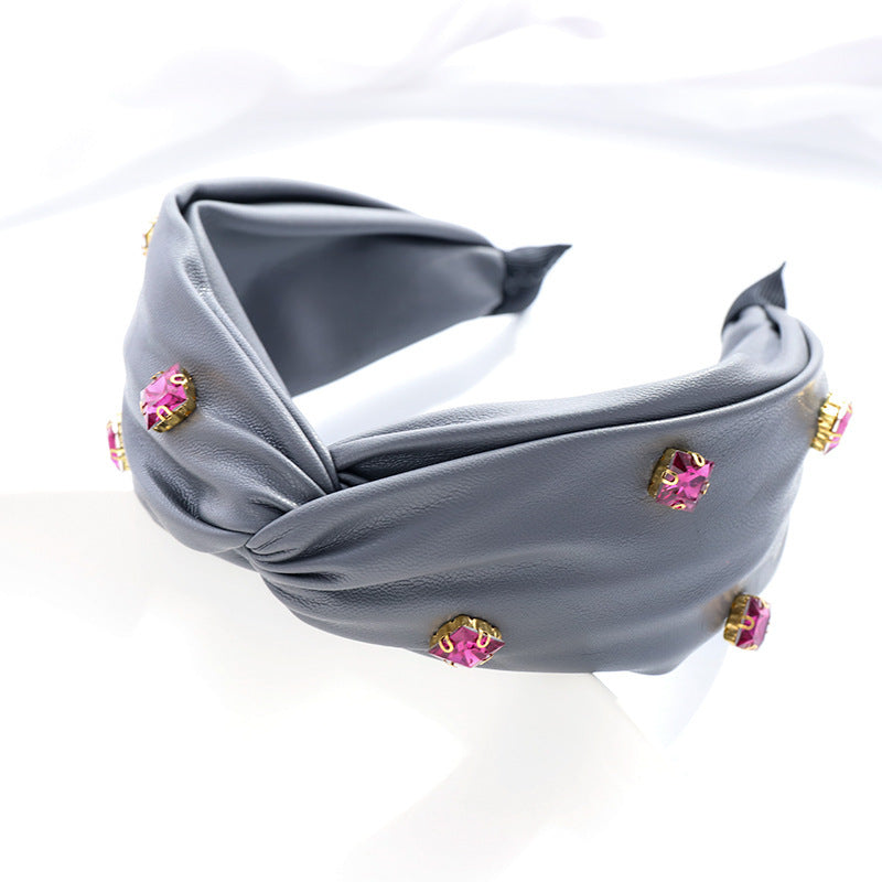 HKM-603859 Elegant Green Leather Cross Knot Headband with Big Stone - Women's Hair Accessory