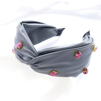 HKM-603859 Elegant Green Leather Cross Knot Headband with Big Stone - Women's Hair Accessory