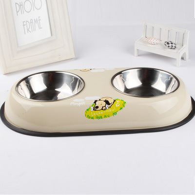 HKM-682323 Stainless Steel Non-Slip Double Bowl for Dogs - Food and Water Dish, 10-10.9cm Diameter