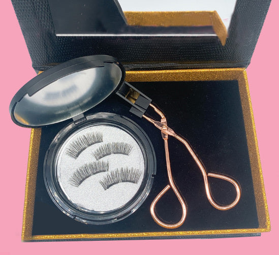 HKM-878163 Soft Magnetic False Eyelash Set with Iron Clip - 1 Pair Soft, 2 Pairs Hard, and Eyelash Curler Included