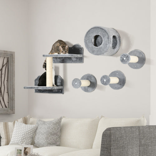 HKM-741267 5-Piece Cat Wall Shelves Set with Condo, Cushion, Scratching Post, and Jumping Platforms in Brown and Gray