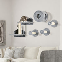 HKM-741267 5-Piece Cat Wall Shelves Set with Condo, Cushion, Scratching Post, and Jumping Platforms in Brown and Gray