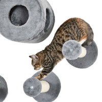 HKM-741267 5-Piece Cat Wall Shelves Set with Condo, Cushion, Scratching Post, and Jumping Platforms in Brown and Gray
