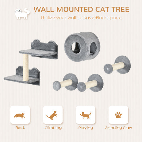 HKM-741267 5-Piece Cat Wall Shelves Set with Condo, Cushion, Scratching Post, and Jumping Platforms in Brown and Gray