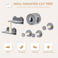 HKM-741267 5-Piece Cat Wall Shelves Set with Condo, Cushion, Scratching Post, and Jumping Platforms in Brown and Gray
