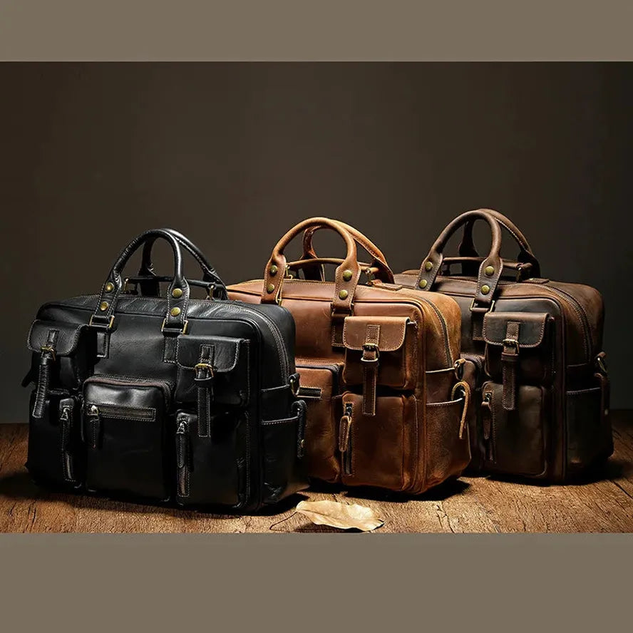 HKM-087315 Genuine Leather Multi-Pocket Crossbody Briefcase for Business Travel – Large Capacity and Durable Design