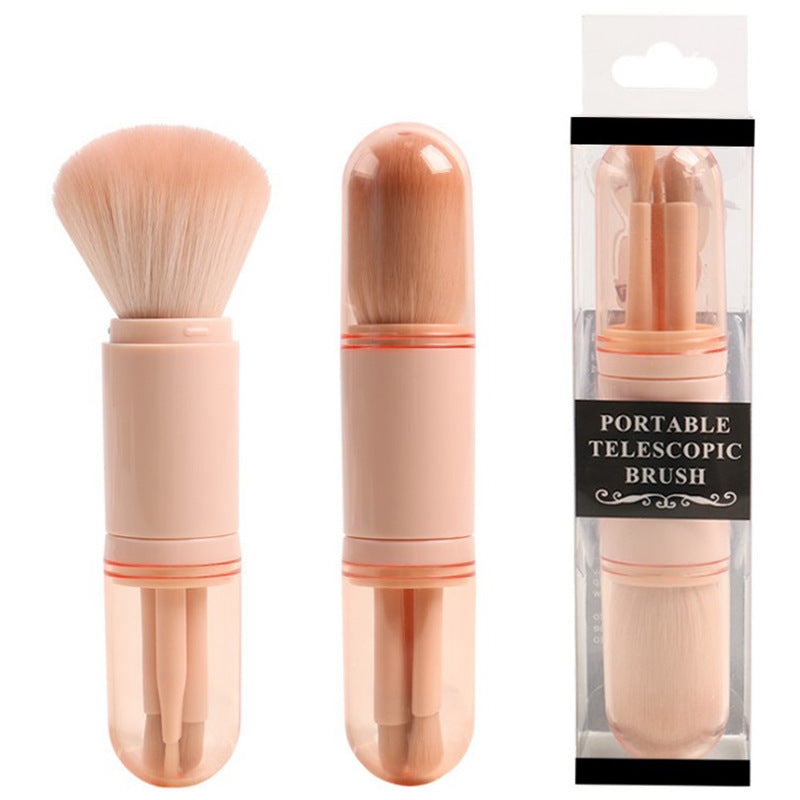 HKM-559379 4-in-1 Retractable Makeup Brush Set - Portable Plastic Handle with Man-Made Fiber Brushes