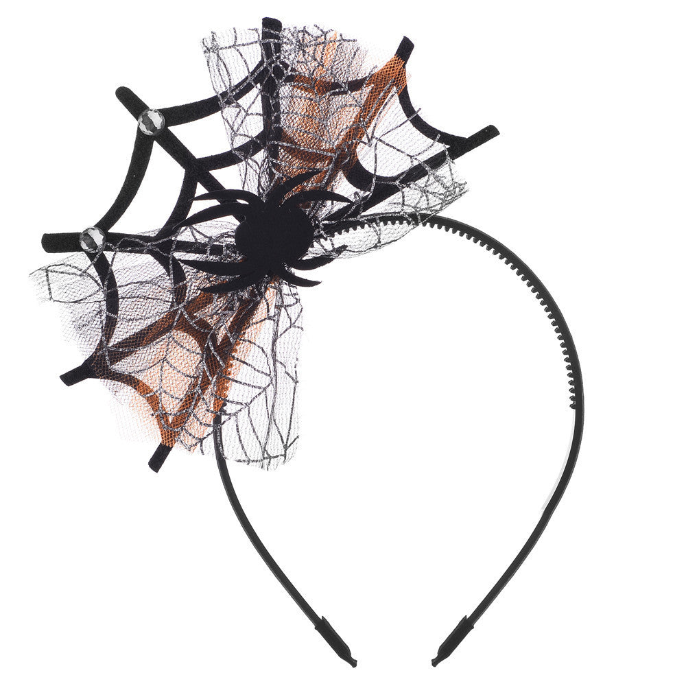 HKM-377939 Lace Spider Web Headband with Pumpkin and Skull Design for Halloween Festivities
